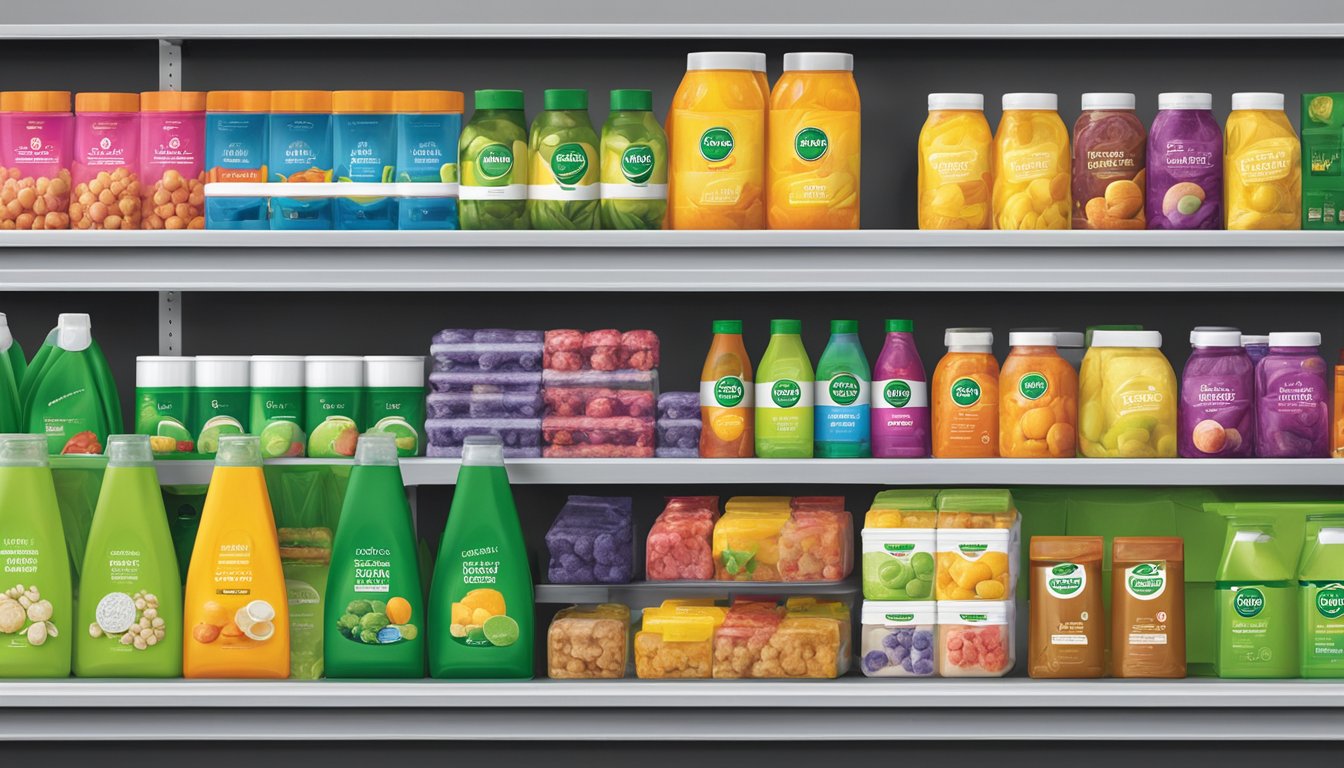 A display of Woolworths brands on shelves with colorful packaging and clear branding