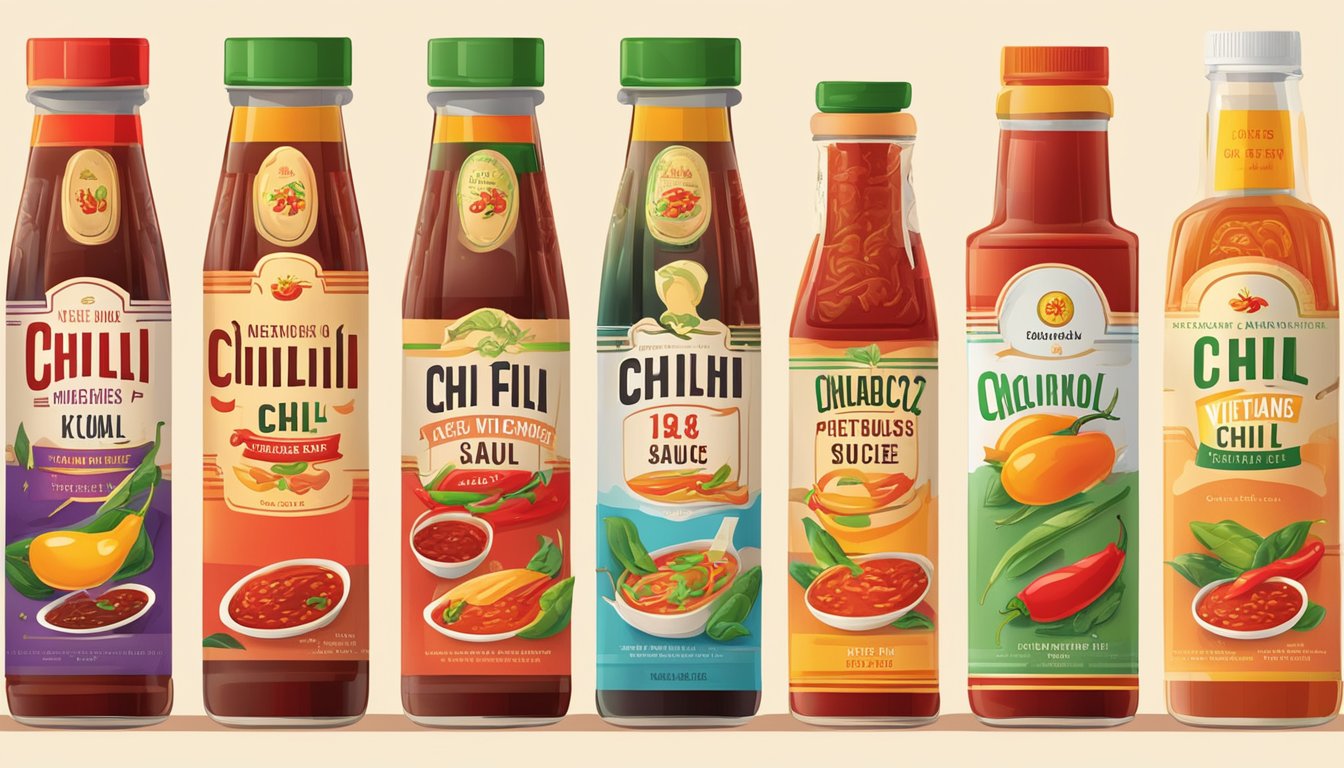 A table filled with various bottles and jars of Vietnamese chili sauce brands, with colorful labels and different sizes