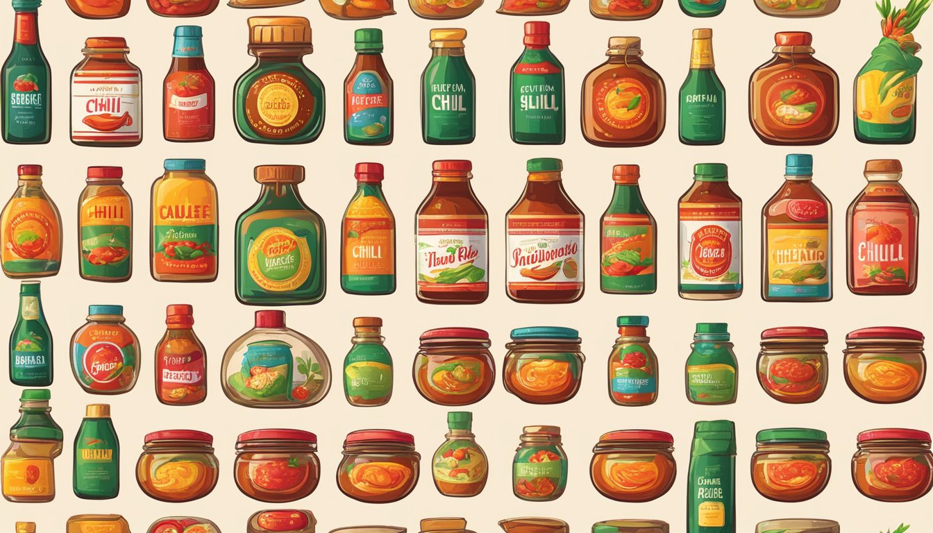 A table with various Vietnamese chili sauce bottles, each labeled with different brands and ingredients. Bright colors and bold typography catch the eye