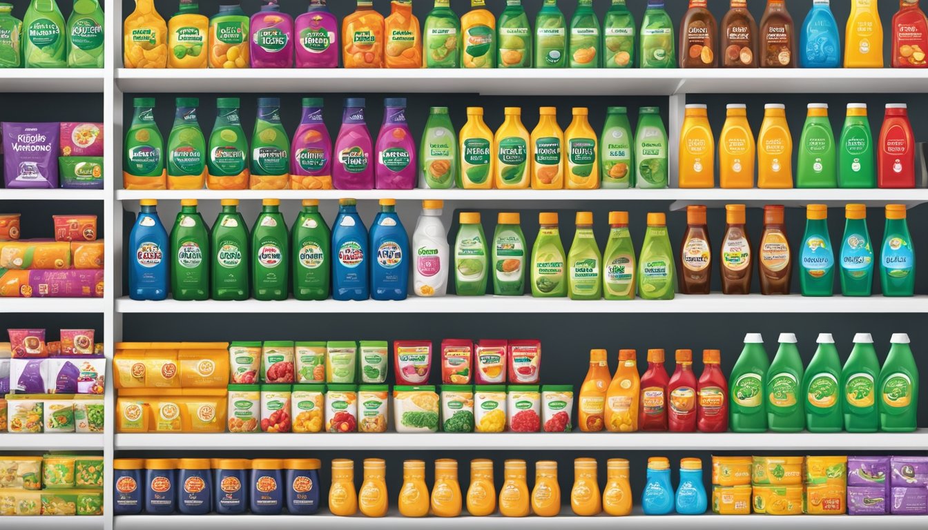 A display of Woolworths Group brands, with vibrant packaging and logos, arranged neatly on shelves in a modern retail setting