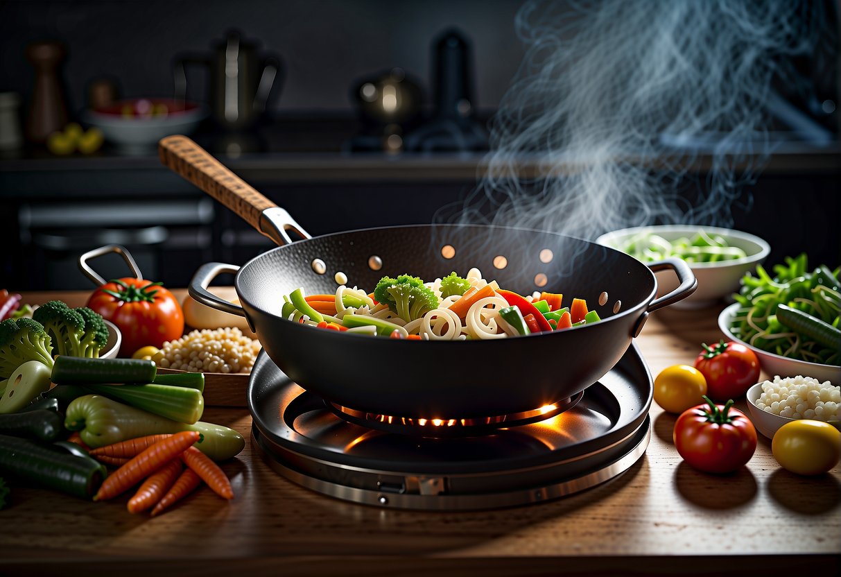 A table set with various leftover ingredients, a wok sizzling with a stir-fry, and a chef's knife chopping vegetables