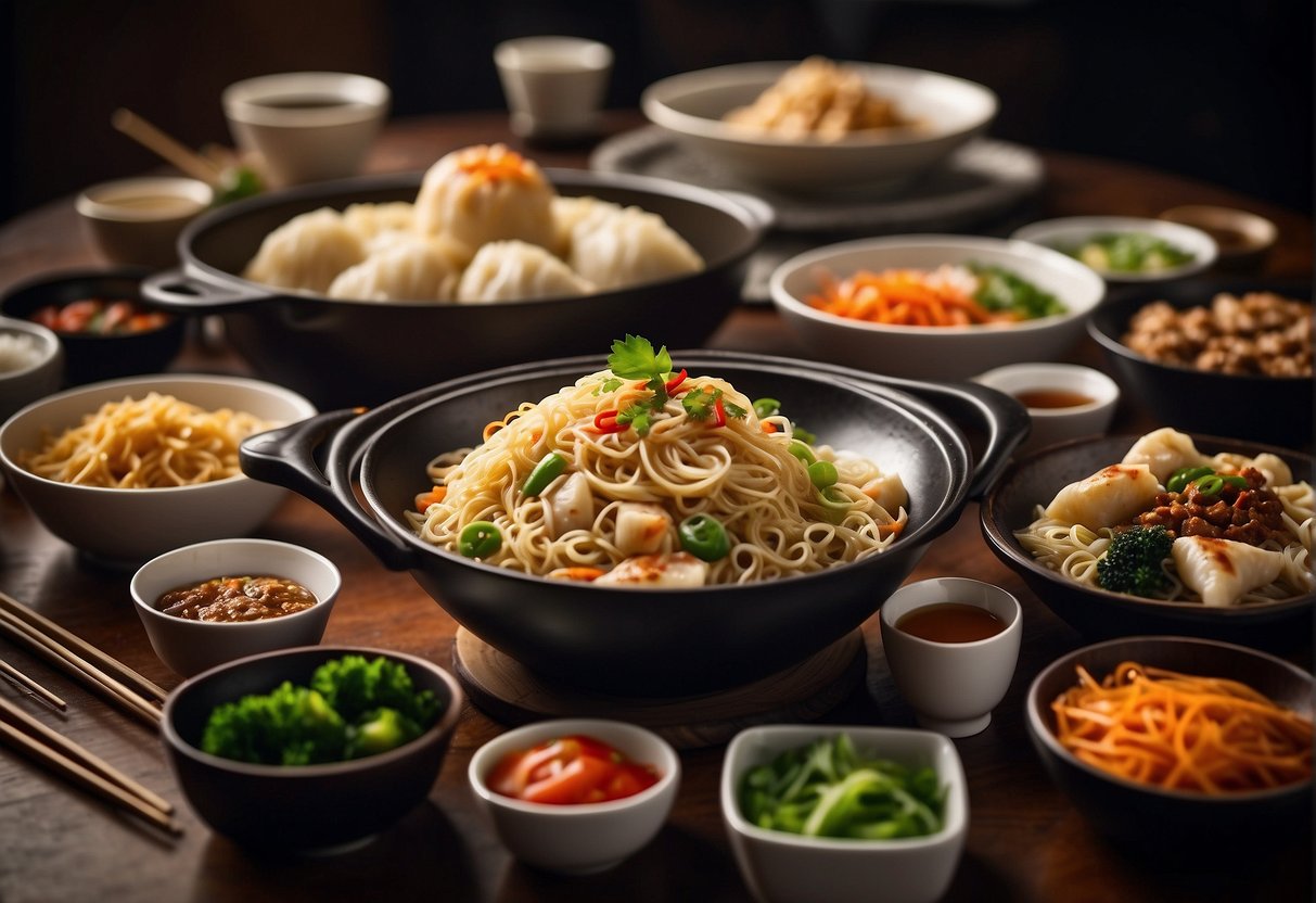 A table filled with various Chinese dishes, including stir-fried noodles, dumplings, and steamed buns. A wok and chopsticks are nearby