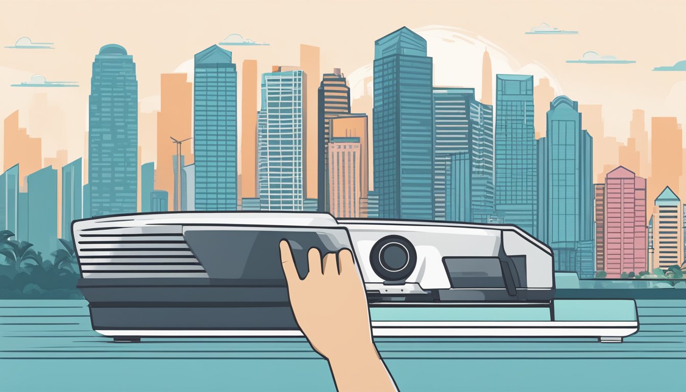 A hand holding a cricut machine with a Singaporean skyline in the background
