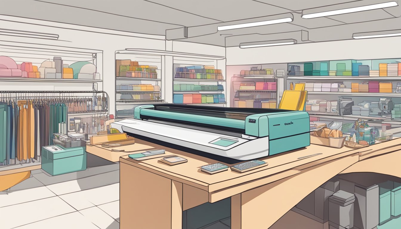 A hand reaching out to pick up various Cricut machines and accessories displayed on a table in a brightly lit store