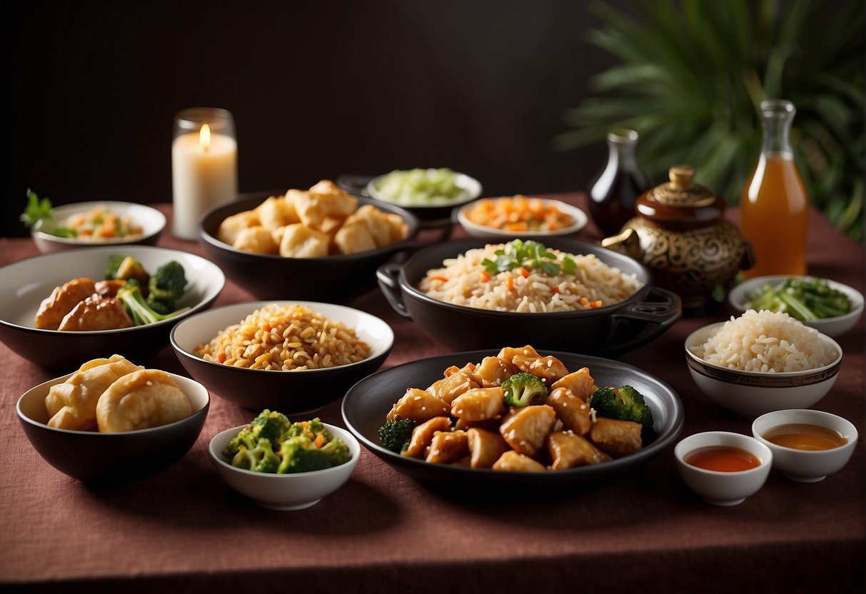 A table set with various Chinese takeout dishes, including fried rice, dumplings, and stir-fried vegetables. Chopsticks and fortune cookies are placed alongside the food