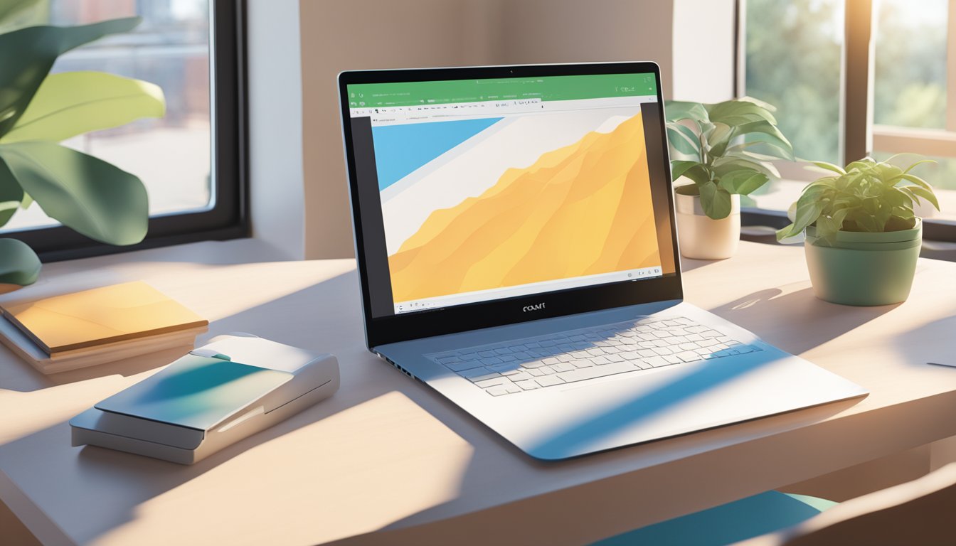 A table with a Cricut machine, various cutting materials, and a laptop displaying design software. Bright natural light streams in through a nearby window
