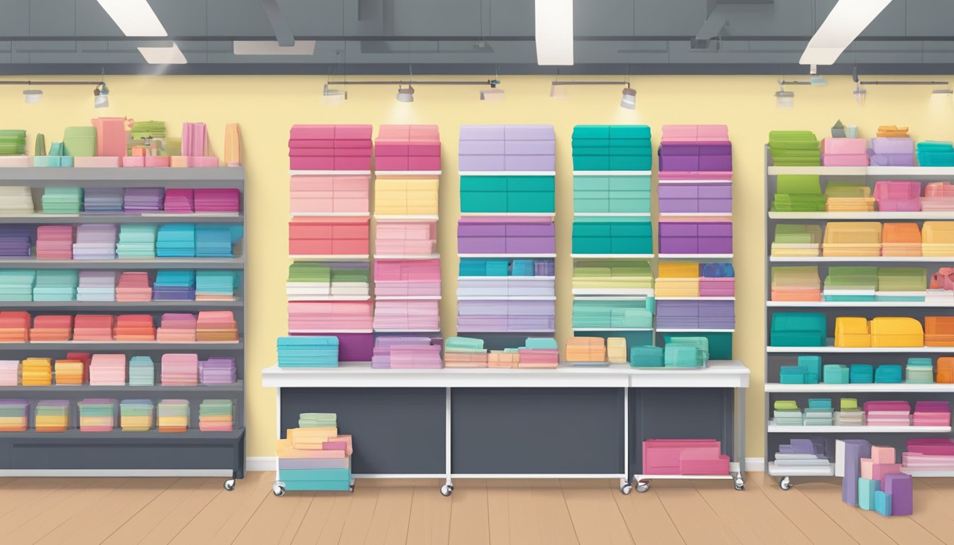 A stack of colorful Cricut machines and accessories displayed with a "Frequently Asked Questions" sign in a bustling Singaporean craft store
