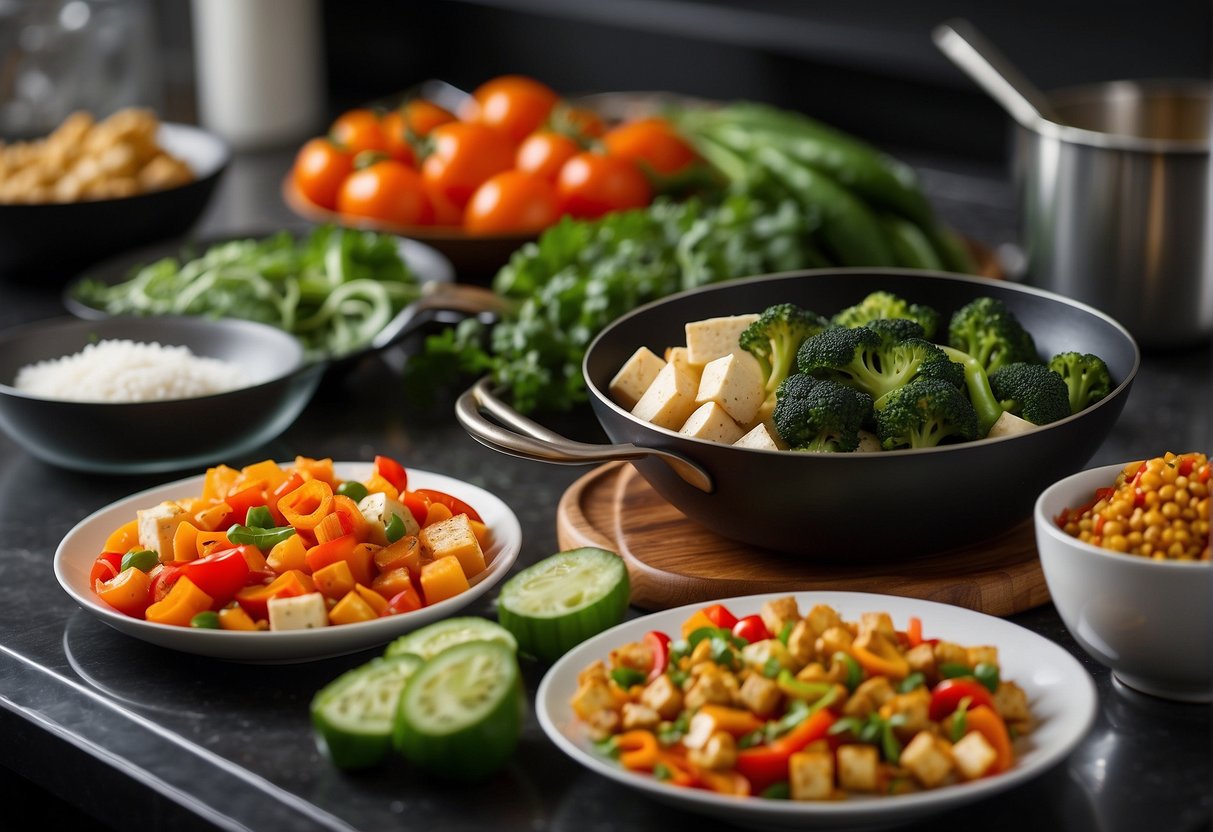 A colorful array of fresh vegetables, tofu, and vibrant spices arranged on a clean, modern kitchen counter. A wok sizzles with stir-fried goodness in the background