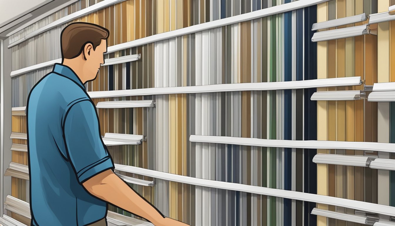 A homeowner examines various top vinyl siding brands on a display rack at a home improvement store