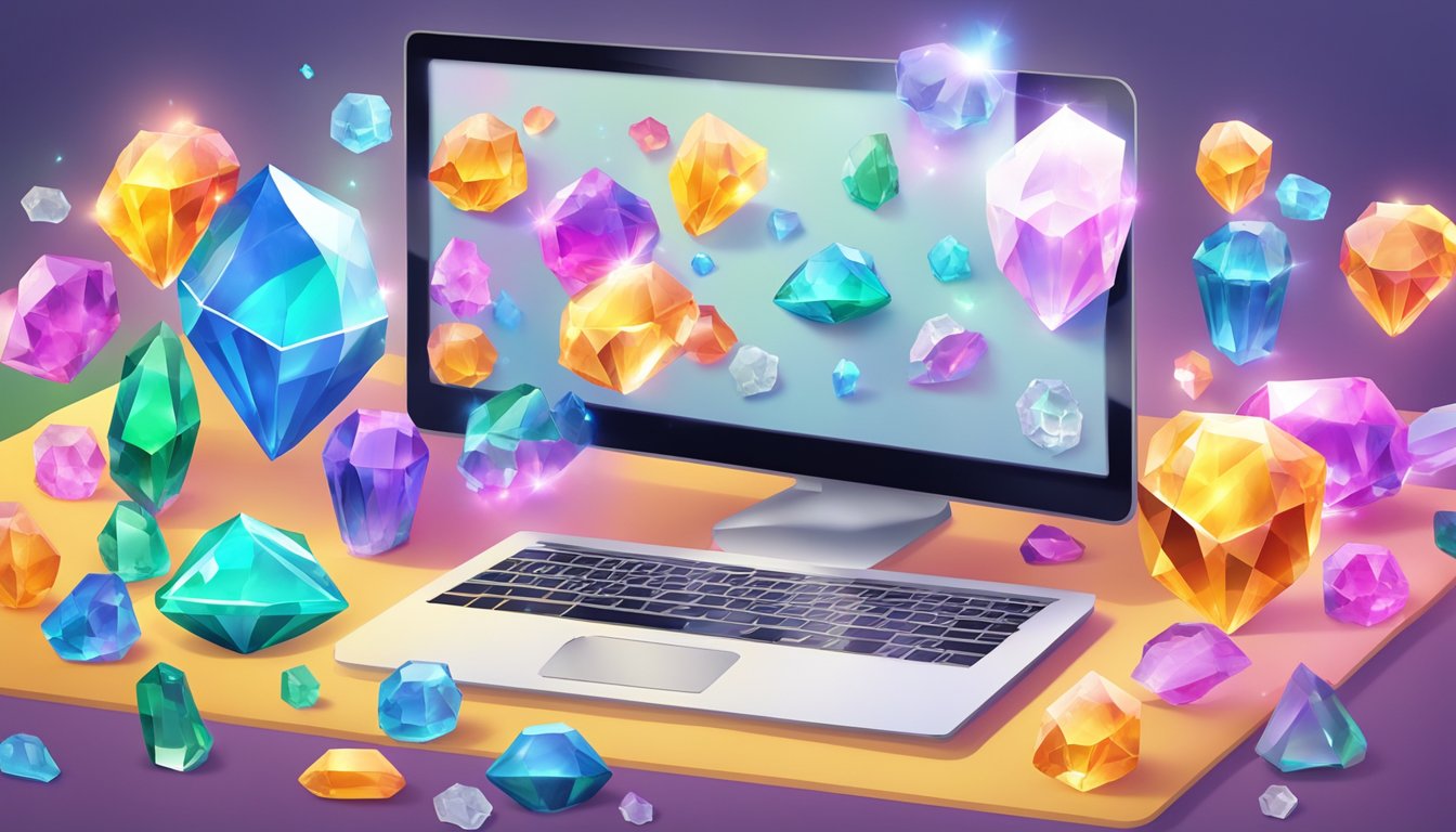 A computer screen displaying a variety of colorful crystals with a "buy now" button