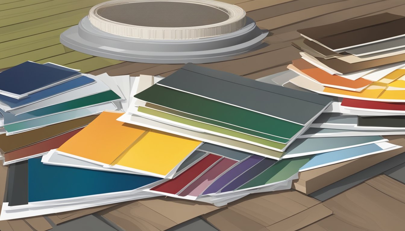 A homeowner examines different vinyl siding brands, comparing colors, textures, and durability. Samples are spread out on a table with a house in the background