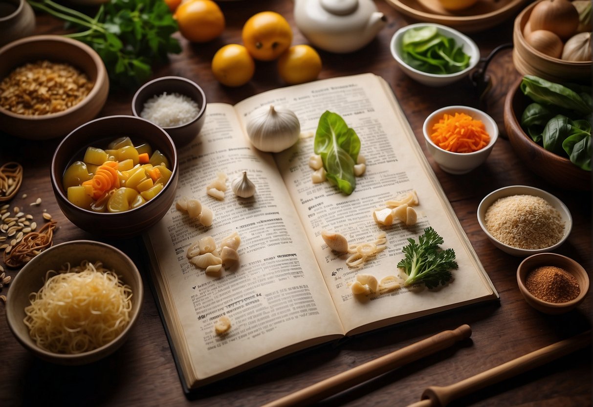 A table with various Chinese ingredients and cooking utensils, a recipe book open to a page titled "Frequently Asked Questions easy Chinese recipes."
