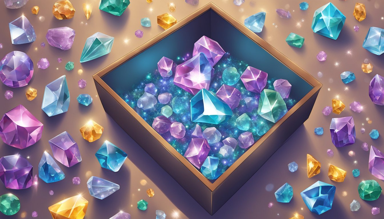 A hand reaches into a box of sparkling crystals, each one catching the light in a different way. The crystals are arranged in a variety of sizes and colors, creating a dazzling display