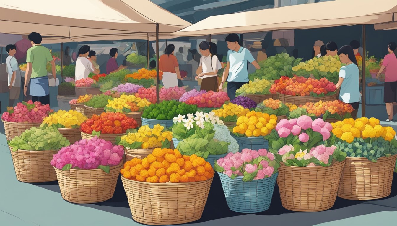 Colorful edible flowers arranged in baskets at a Singapore market