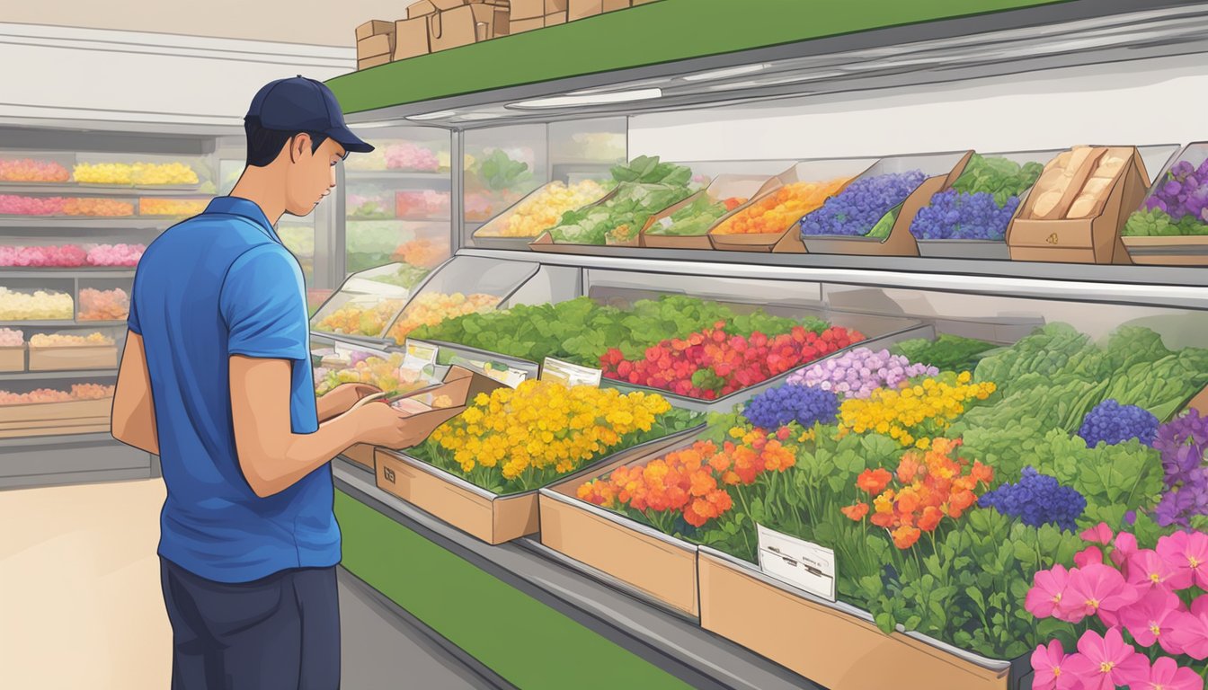 A customer selects edible flowers online, then chooses delivery option in Singapore