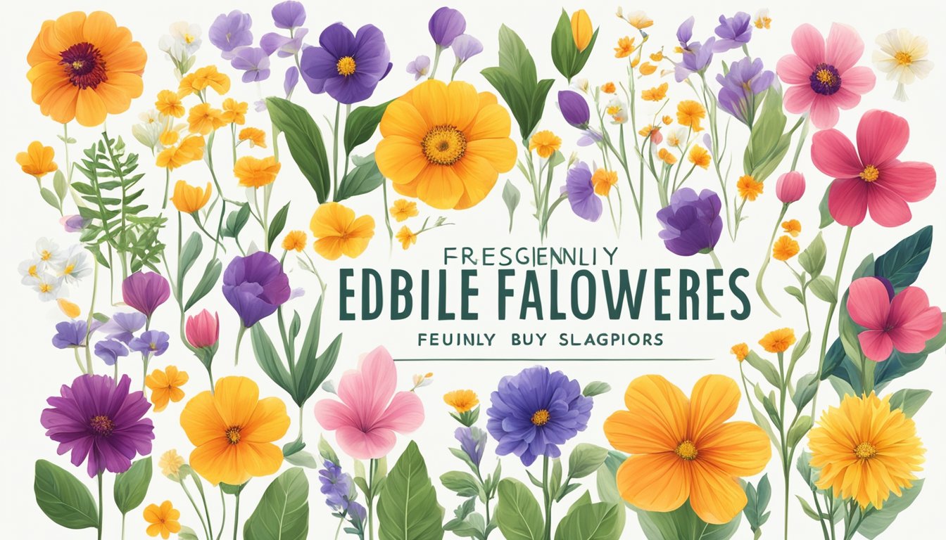 Colorful edible flowers arranged on a clean, white background with the text "Frequently Asked Questions buy edible flowers singapore" displayed prominently