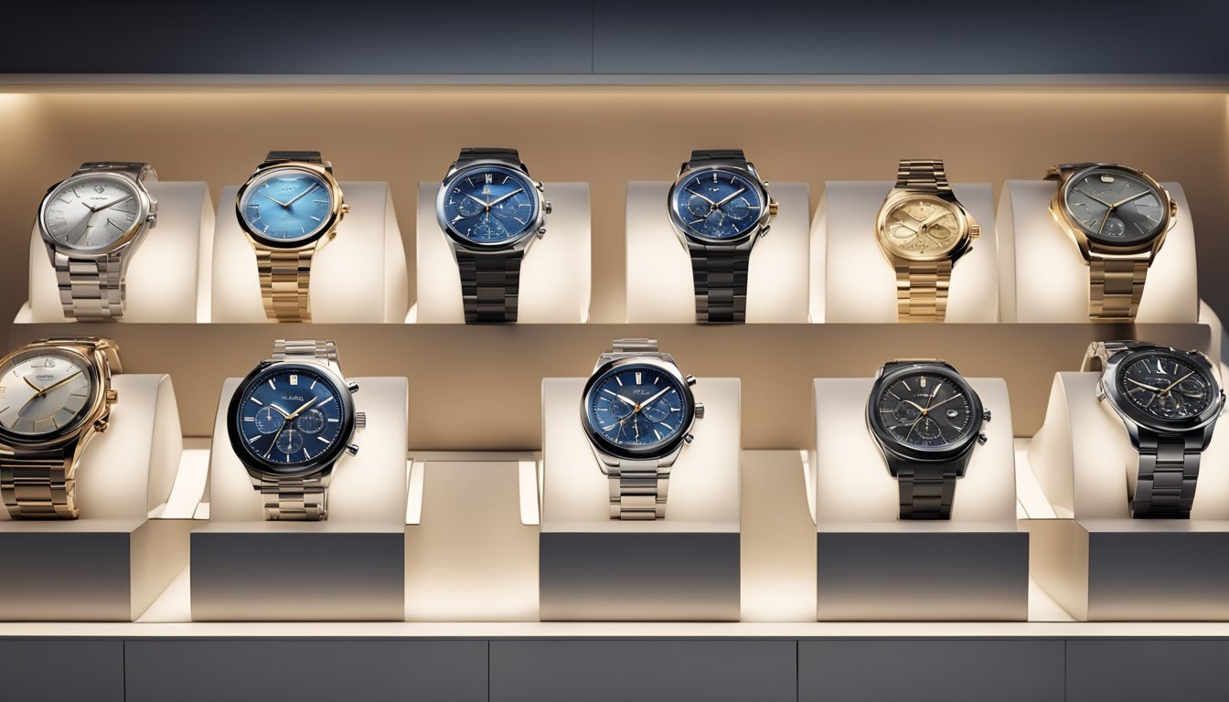 Various watch brands displayed on a sleek, modern showcase with soft lighting. Each watch is meticulously arranged with attention to detail