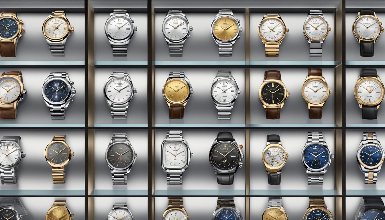 A display of iconic luxury watch brands arranged on a sleek, modern showcase, each timepiece exuding elegance and craftsmanship