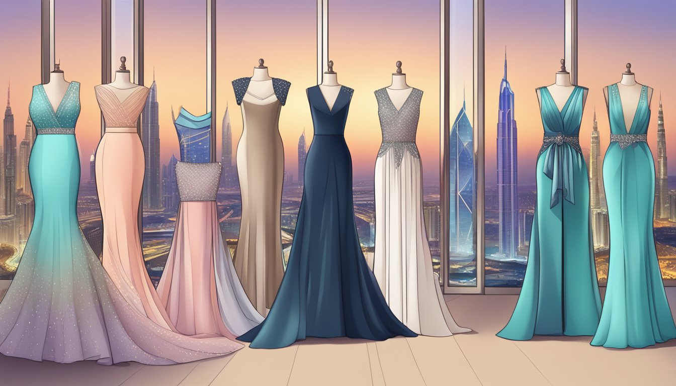 A computer screen displaying a variety of elegant evening dresses on a website, with the skyline of Dubai in the background