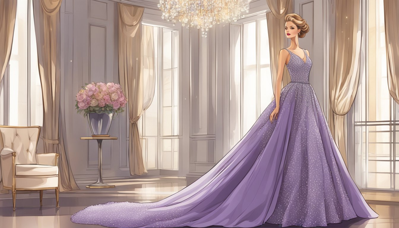 A glamorous evening dress hangs elegantly on a sleek mannequin, surrounded by soft lighting and luxurious fabrics. A sense of sophistication and allure fills the air