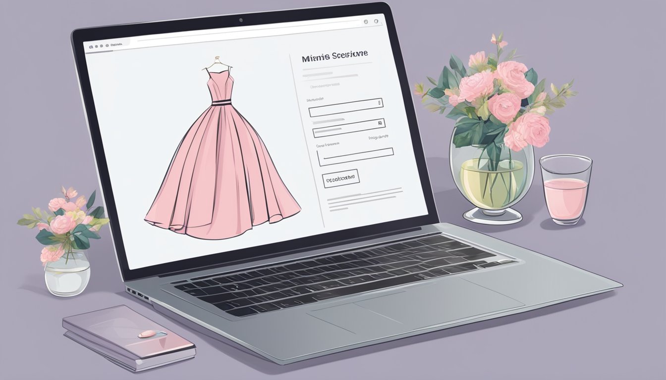 A laptop displaying an elegant evening dress on a minimalist website, with a seamless checkout process and a secure payment gateway