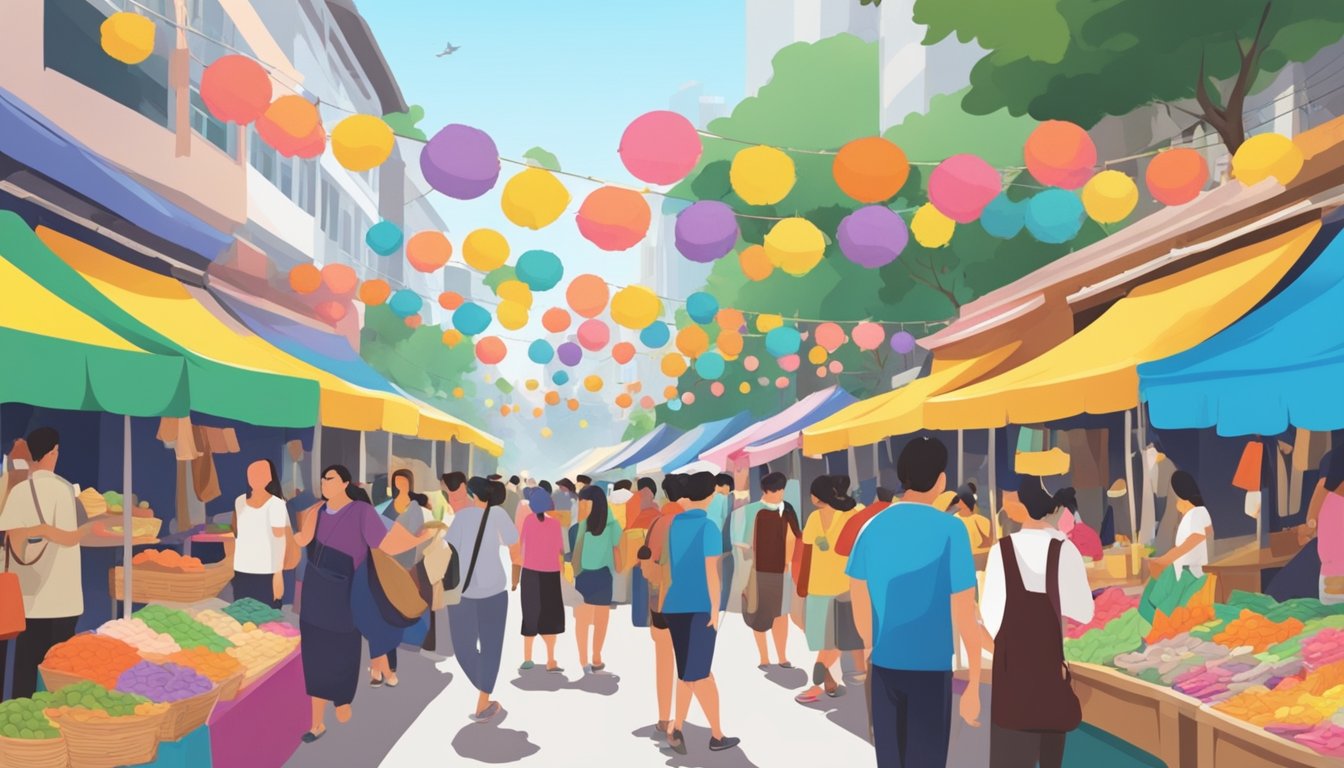 A bustling street market in Singapore, with colorful stalls selling a variety of masks. A crowd of people browsing and purchasing from the vendors