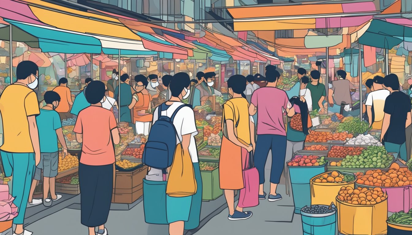 A crowded street market with various vendors selling masks in Singapore. Brightly colored stalls and people browsing