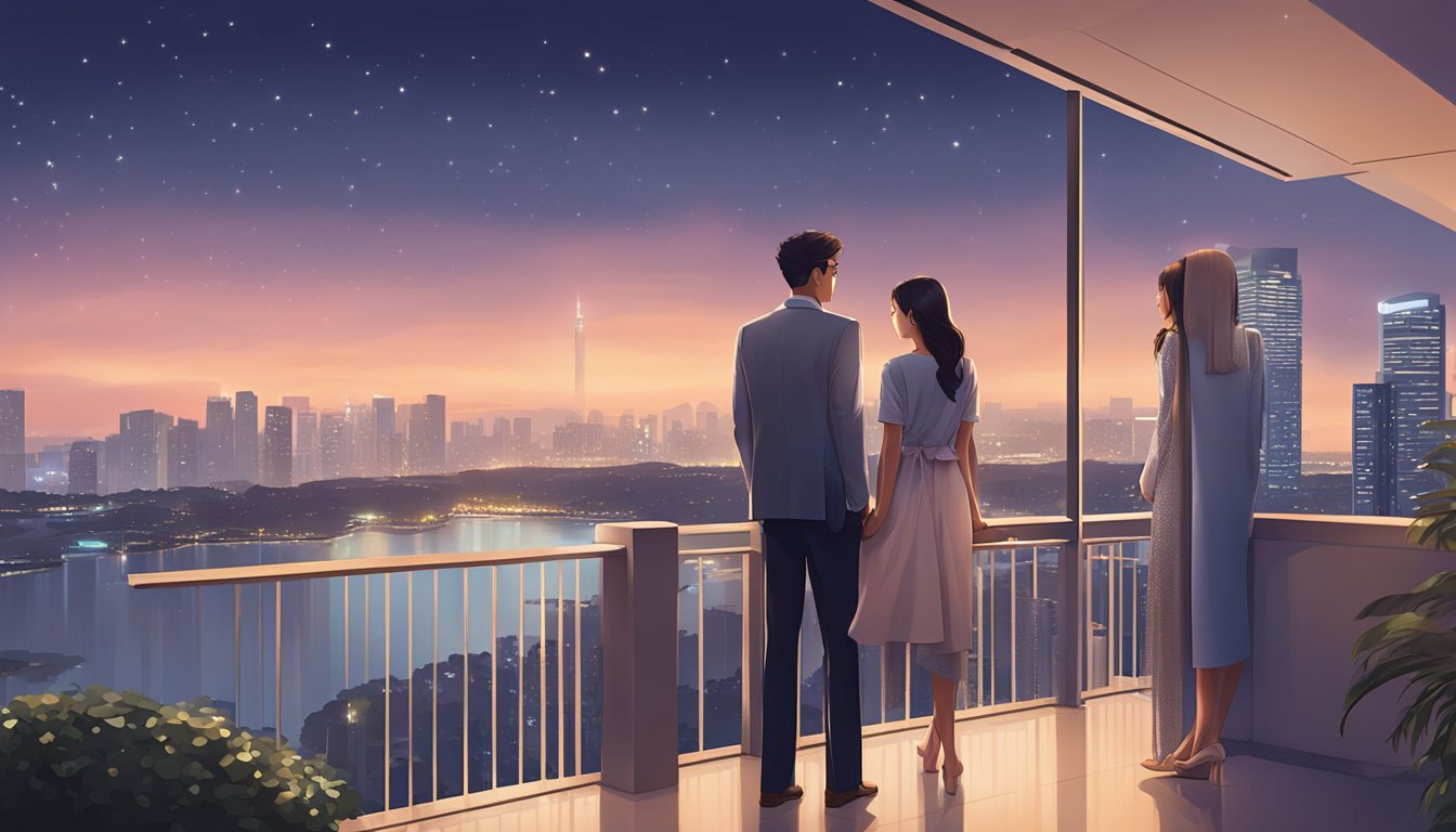 A couple stands on a balcony overlooking the Singapore skyline, with a sleek and modern condo building in the foreground. The city lights sparkle below, creating a dreamy atmosphere