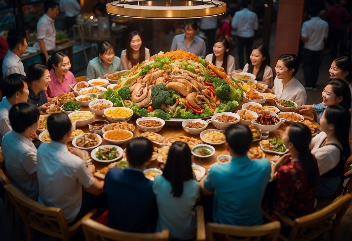 A large table filled with colorful dishes of Chinese cuisine, surrounded by a happy and lively crowd of people enjoying the delicious food