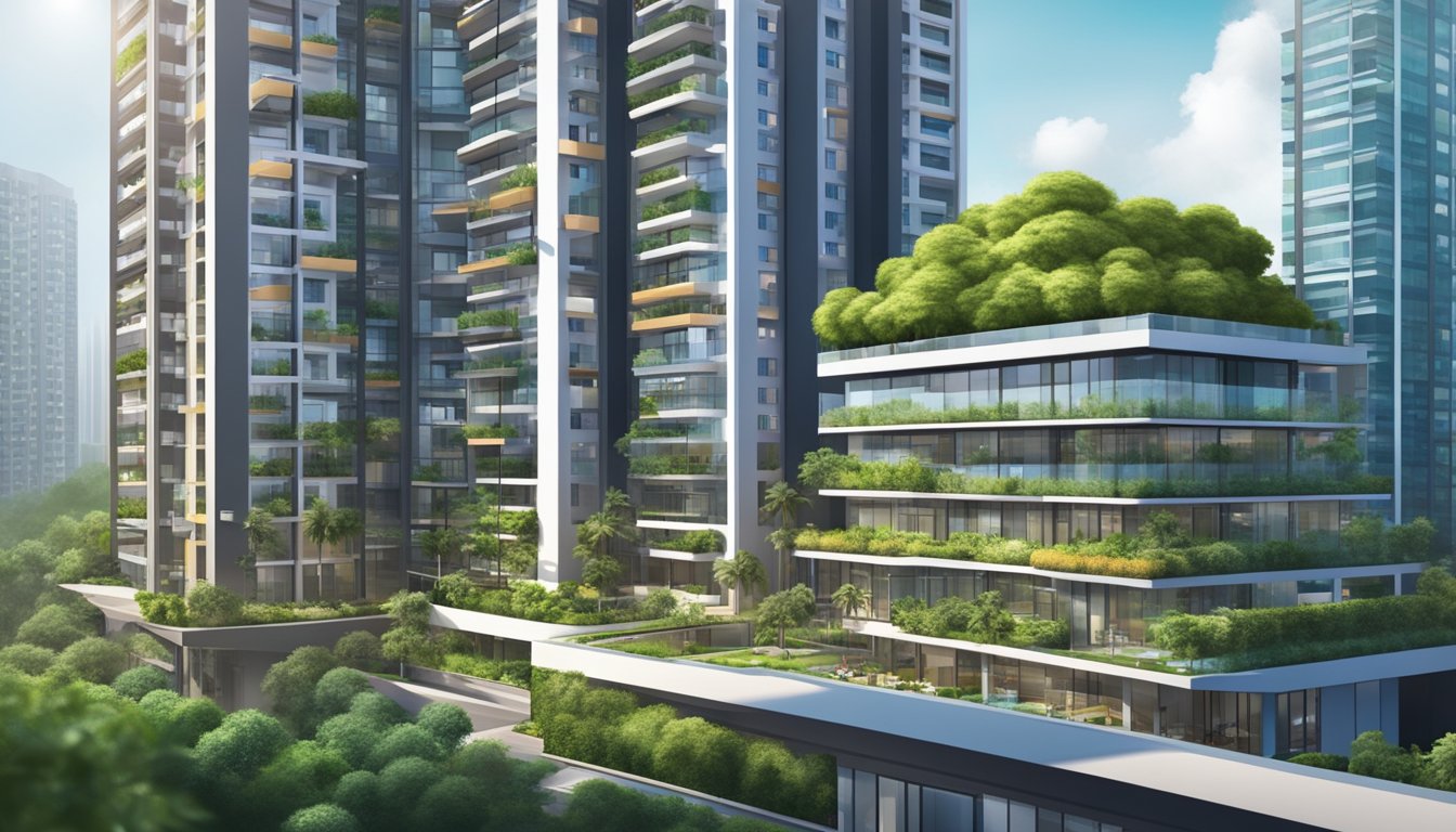 A modern high-rise condo building in Singapore, with sleek architecture and lush landscaping, surrounded by amenities and a vibrant cityscape