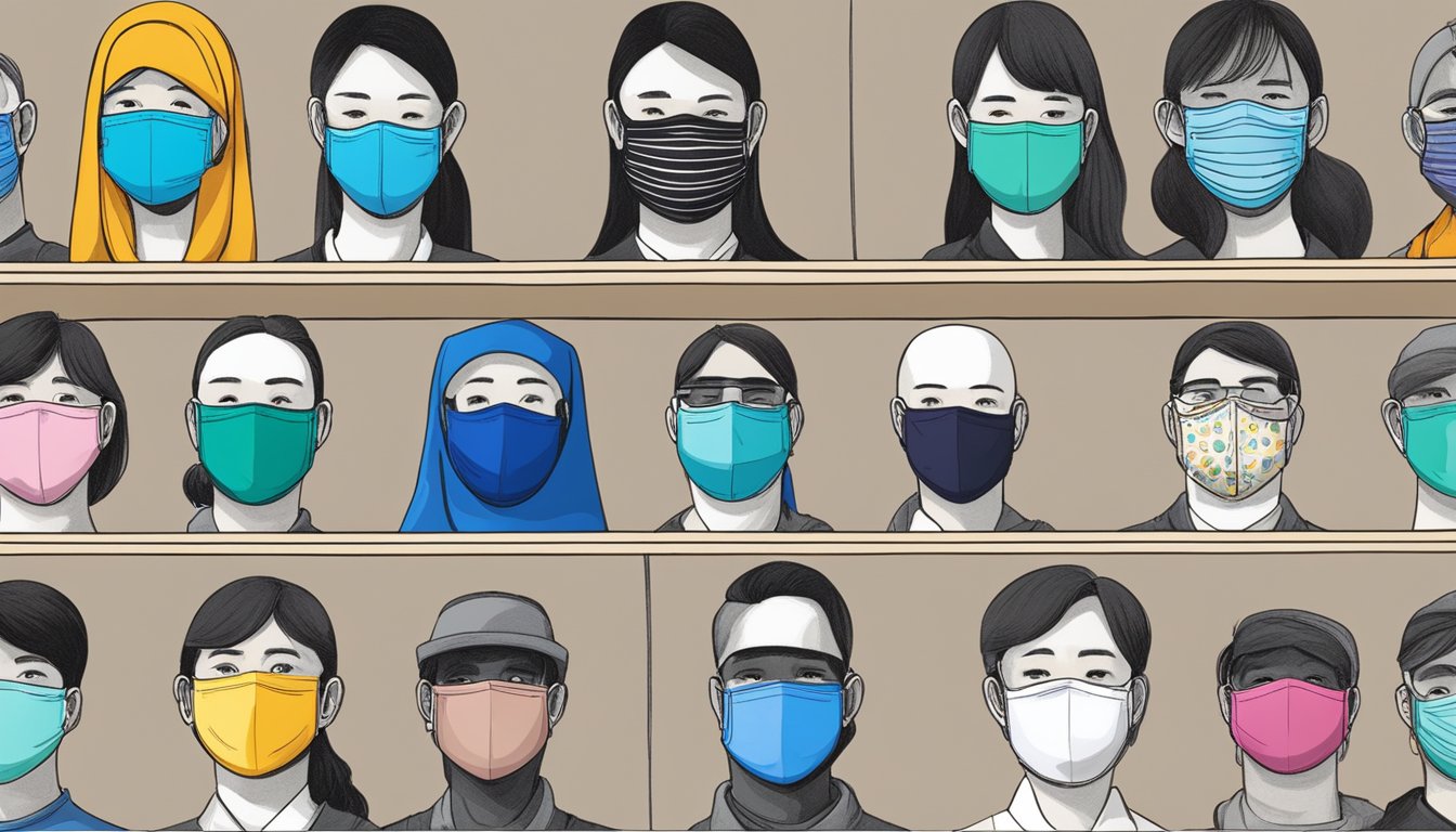 Various masks on display, including surgical, N95, and cloth masks. Features such as adjustable straps and filter pockets are visible. Signage indicates "Masks for sale" in Singapore