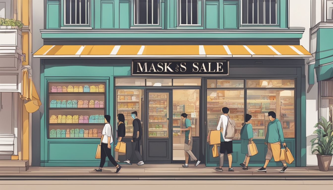 A store front with a sign reading "Masks for Sale" in Singapore. People entering and leaving