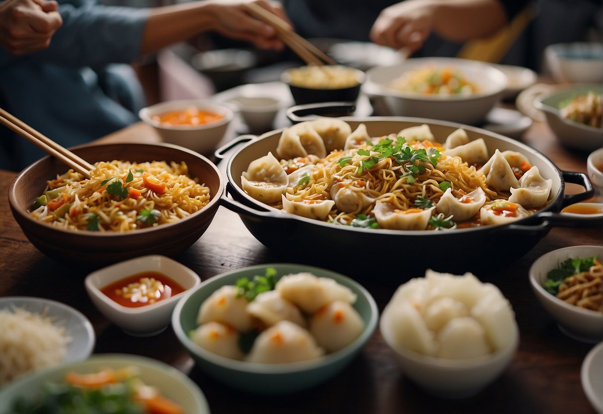 A table filled with colorful dishes like dumplings, fried rice, and stir-fried noodles, surrounded by happy diners