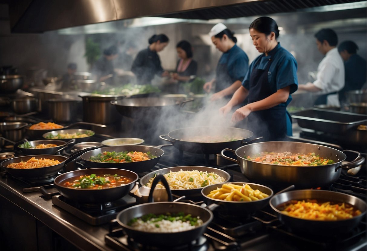 A bustling kitchen with steaming woks, colorful ingredients, and a lively atmosphere as chefs prepare quick and easy Chinese recipes for a crowd