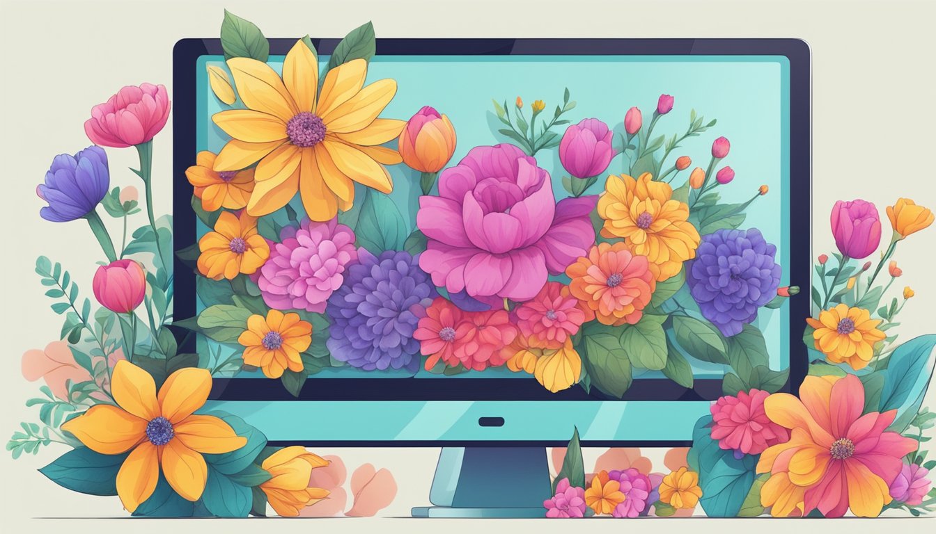 A computer screen displaying a website with a variety of colorful flowers available for purchase at discounted prices