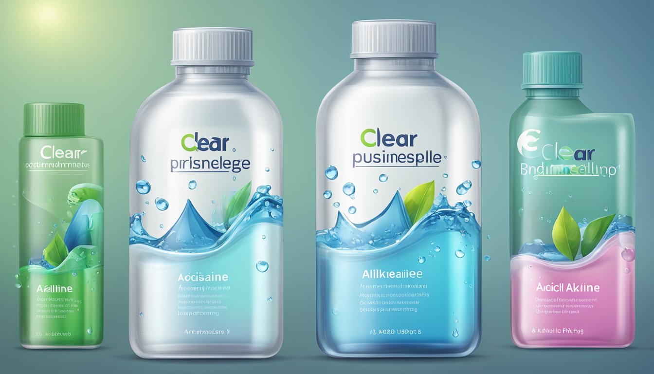 Clear water droplets with pH levels labeled on each bottle, ranging from acidic to alkaline. Brand logo prominent on the packaging