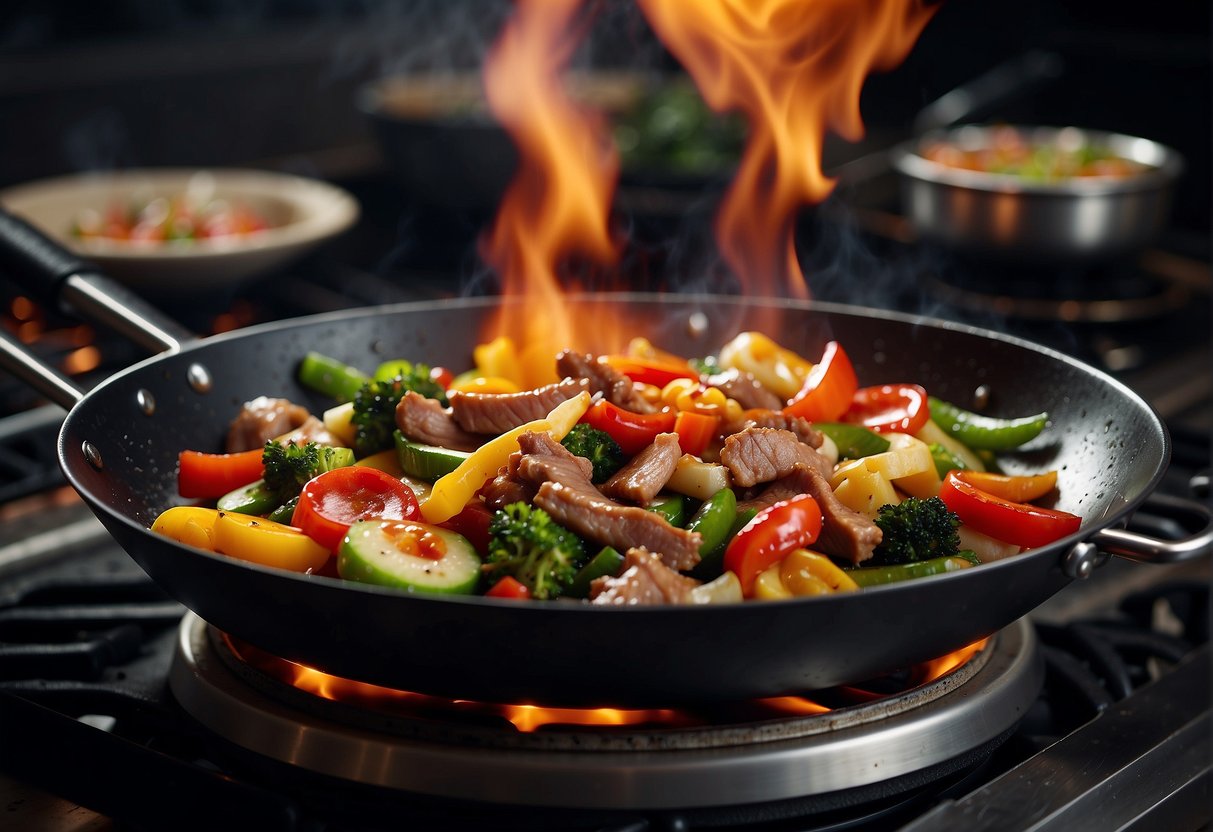 A wok sizzles over a high flame, stir-frying colorful vegetables and tender strips of meat. A chef expertly tosses in a savory sauce, filling the air with mouthwatering aromas
