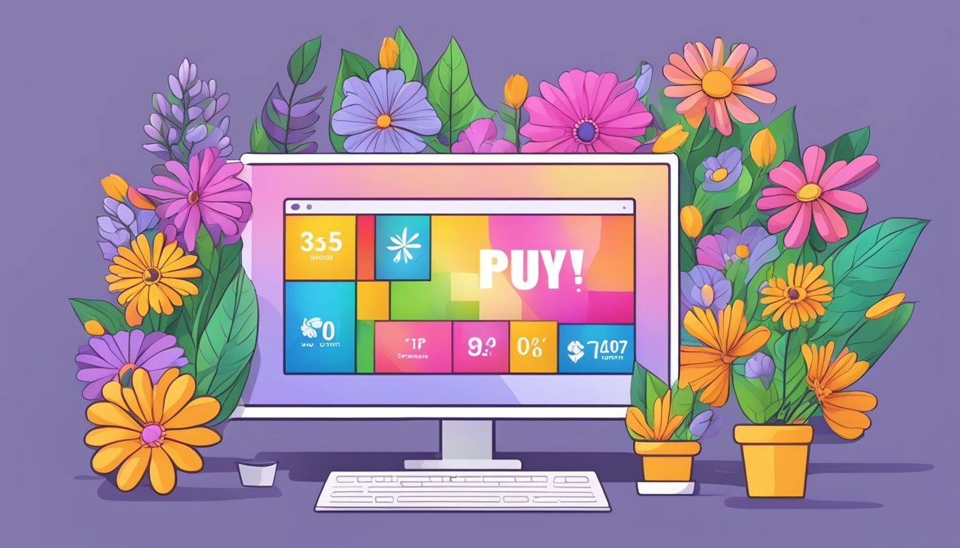 A computer screen displaying various colorful flowers with discounted prices. A hand cursor hovers over the "buy now" button
