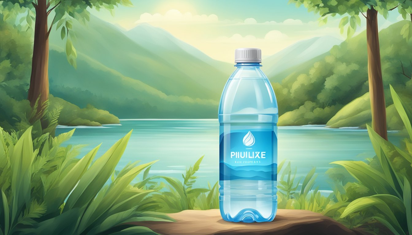 A clear plastic bottle of water with a label displaying the brand name and pH level, set against a backdrop of natural scenery and environmental elements