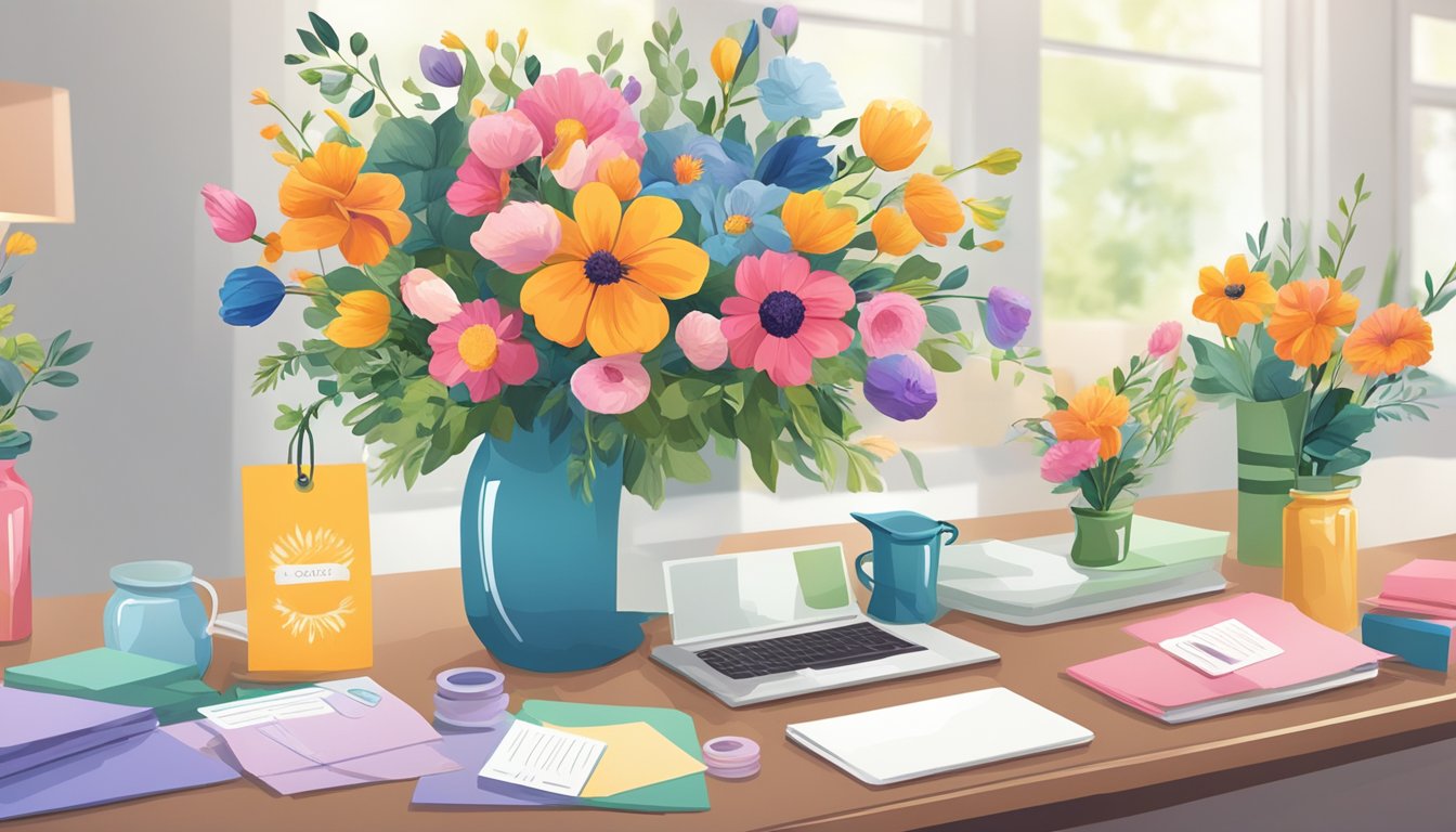 Vibrant flowers arranged in various vases, labeled with occasion tags, displayed on a table. Online ordering website on a laptop in the background