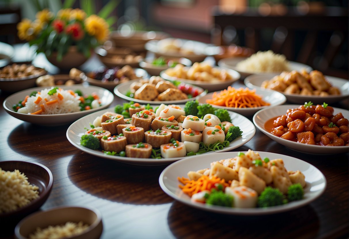 A table set with an array of colorful and aromatic Chinese dishes, arranged in an inviting and appetizing manner for a large group