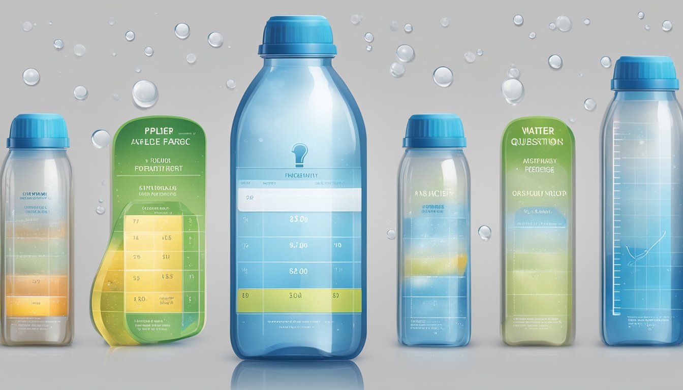 A water bottle with "Frequently Asked Questions" label, pH level chart, and droplets of water