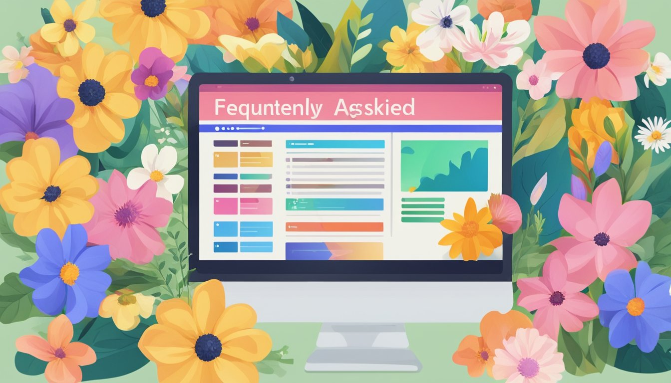 A computer screen displaying a website with a variety of colorful flowers and a section labeled "Frequently Asked Questions" at the top