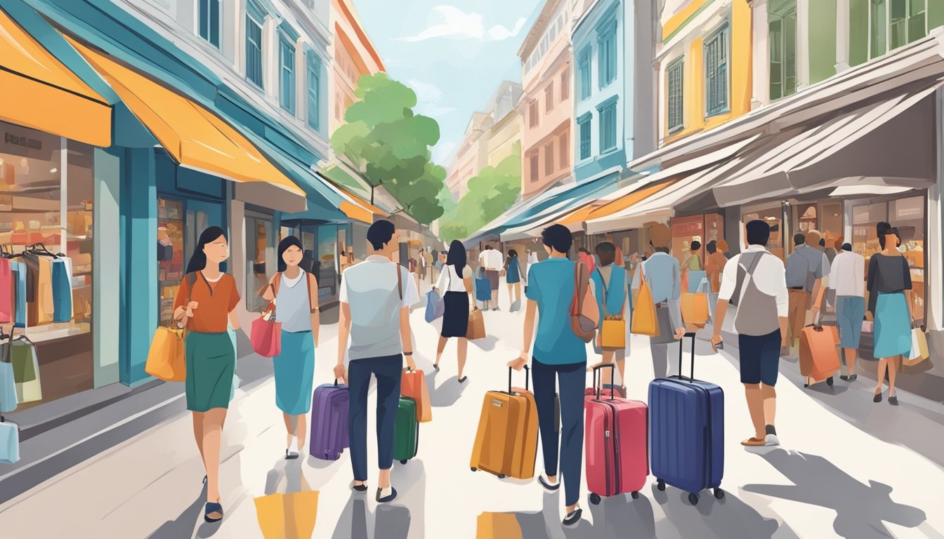 A bustling Singapore street lined with vibrant storefronts showcasing a variety of stylish and durable luggage options. Shoppers browse the displays, while friendly salespeople assist customers with their purchases