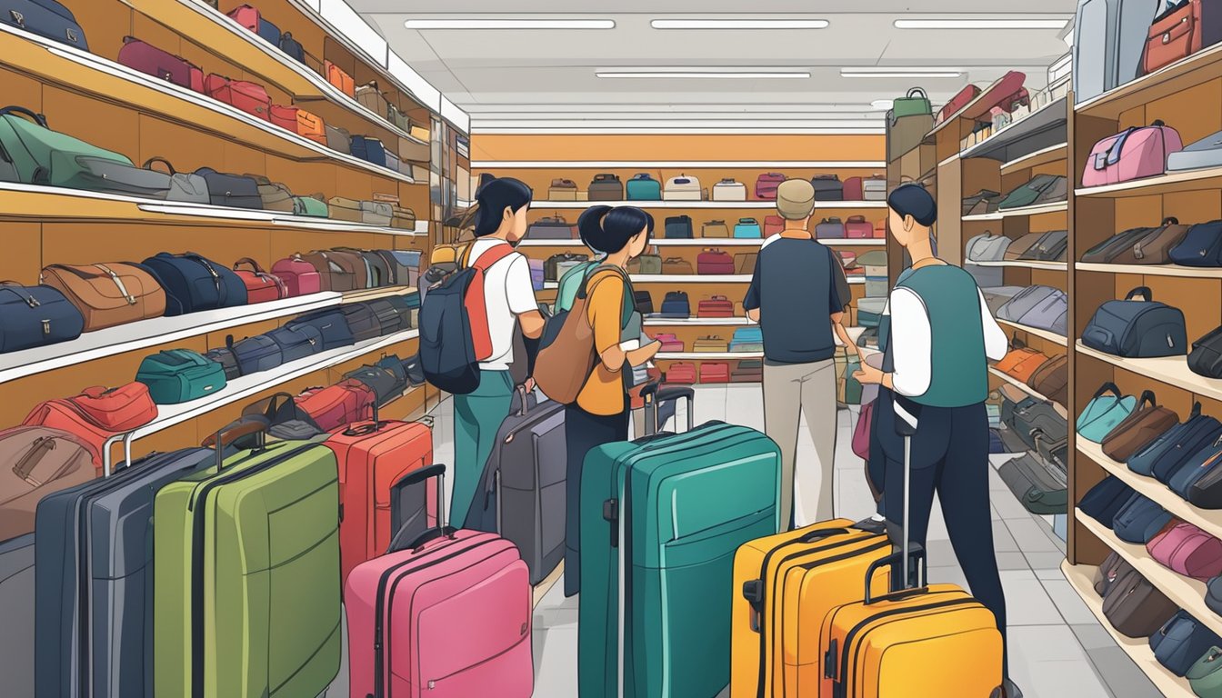 A crowded luggage store in Singapore with shelves of various sizes, colors, and brands. Customers browsing, trying out handles, and inspecting zippers