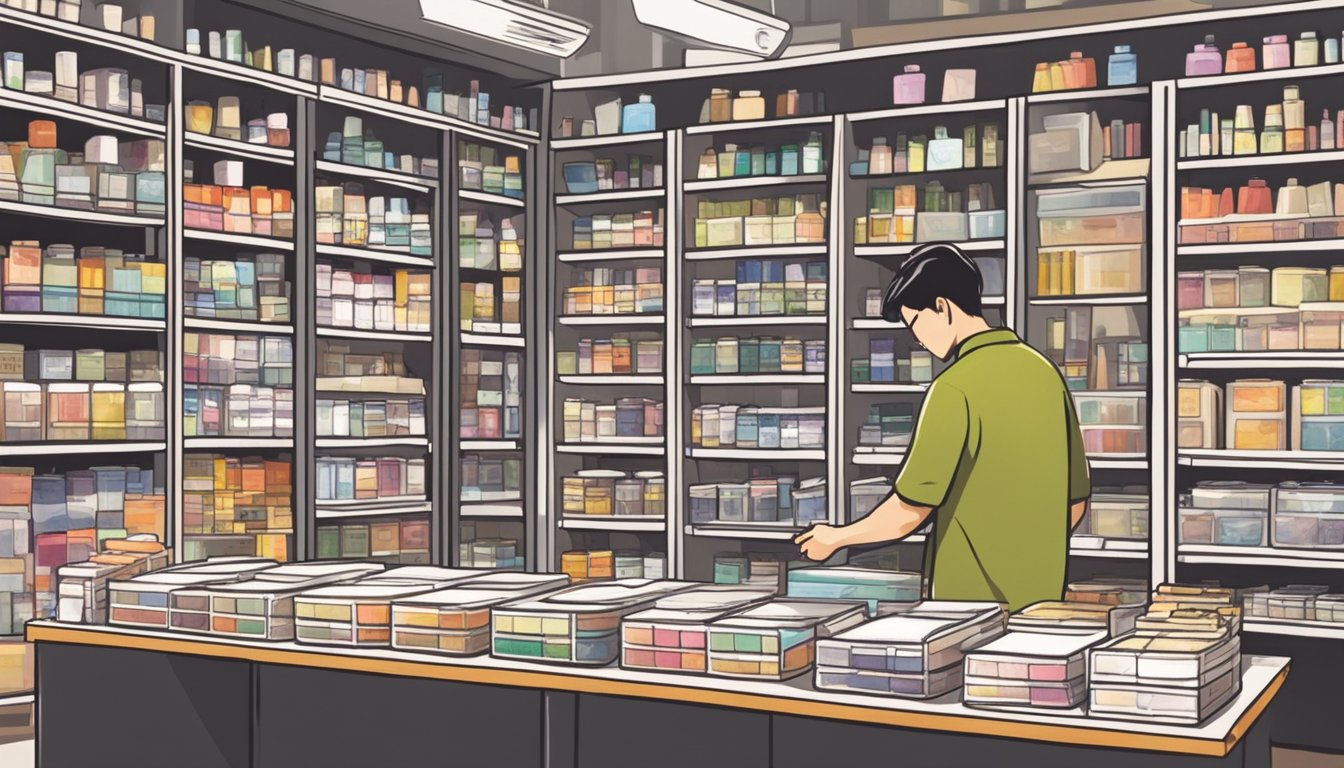 A person browsing shelves of art test kits in a well-lit art supply store in Singapore. Various kits are neatly organized on display