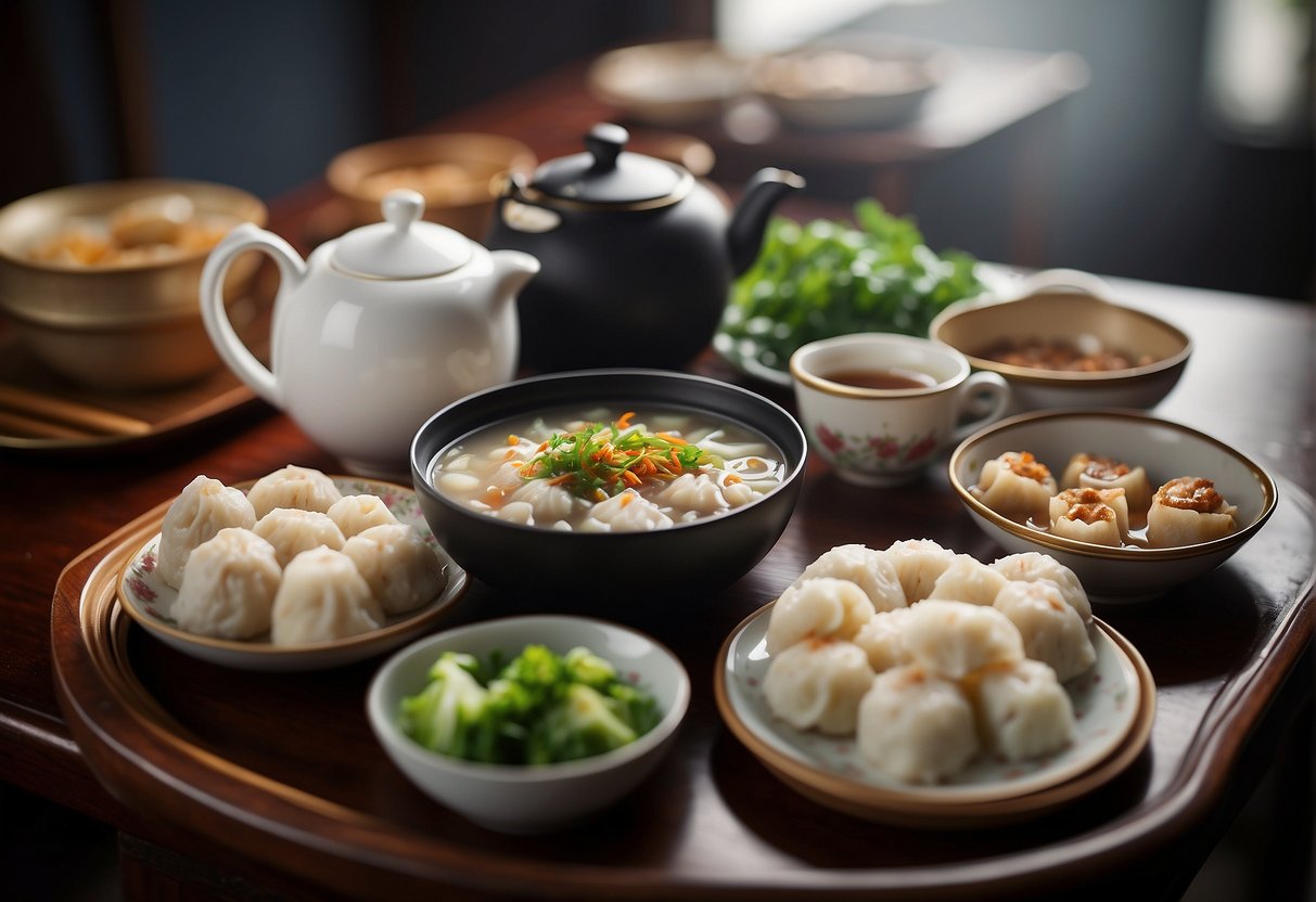A table set with steaming bowls of congee, plates of pan-fried turnip cakes, and platters of steamed buns and dumplings. Teapot and cups arranged alongside