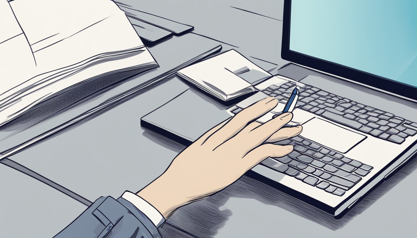 A hand reaches out to a computer, clicking "buy fountain pen online" on the screen
