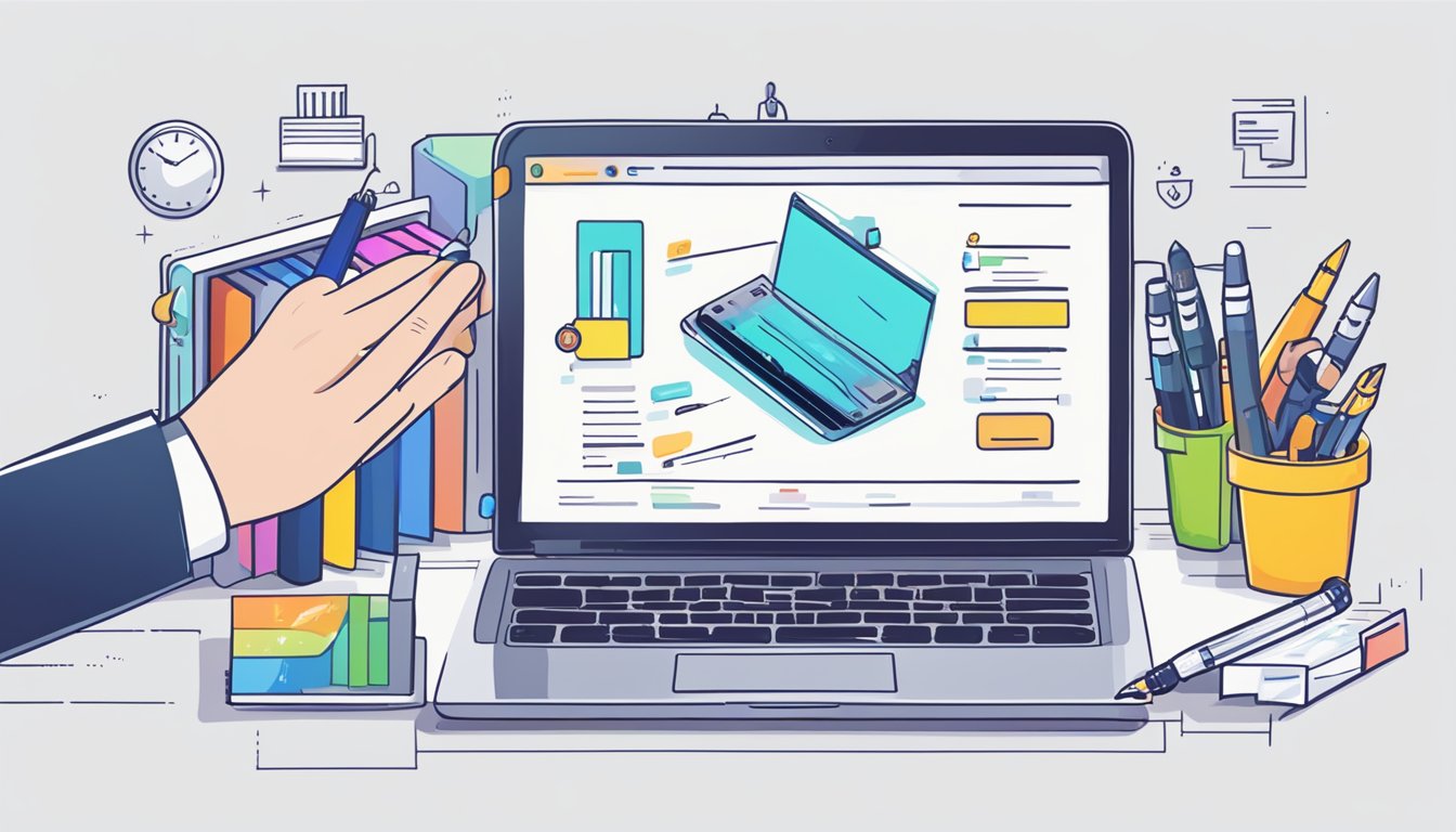 An open laptop displaying an online store with a variety of fountain pens. A hand reaches for one pen, with a "buy now" button highlighted