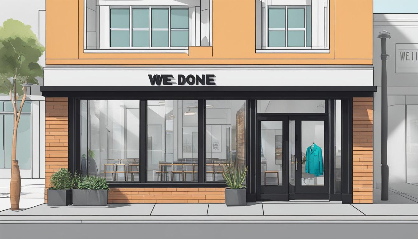 A sleek, modern storefront with bold lettering and clean lines, showcasing the we11done brand